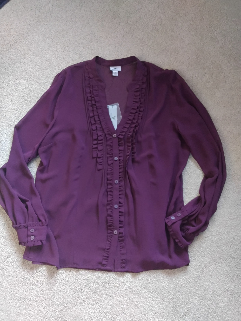 Worthington Sheer Ruffle-Trim Button Front Blouse With Camisole, Wine, XLarge